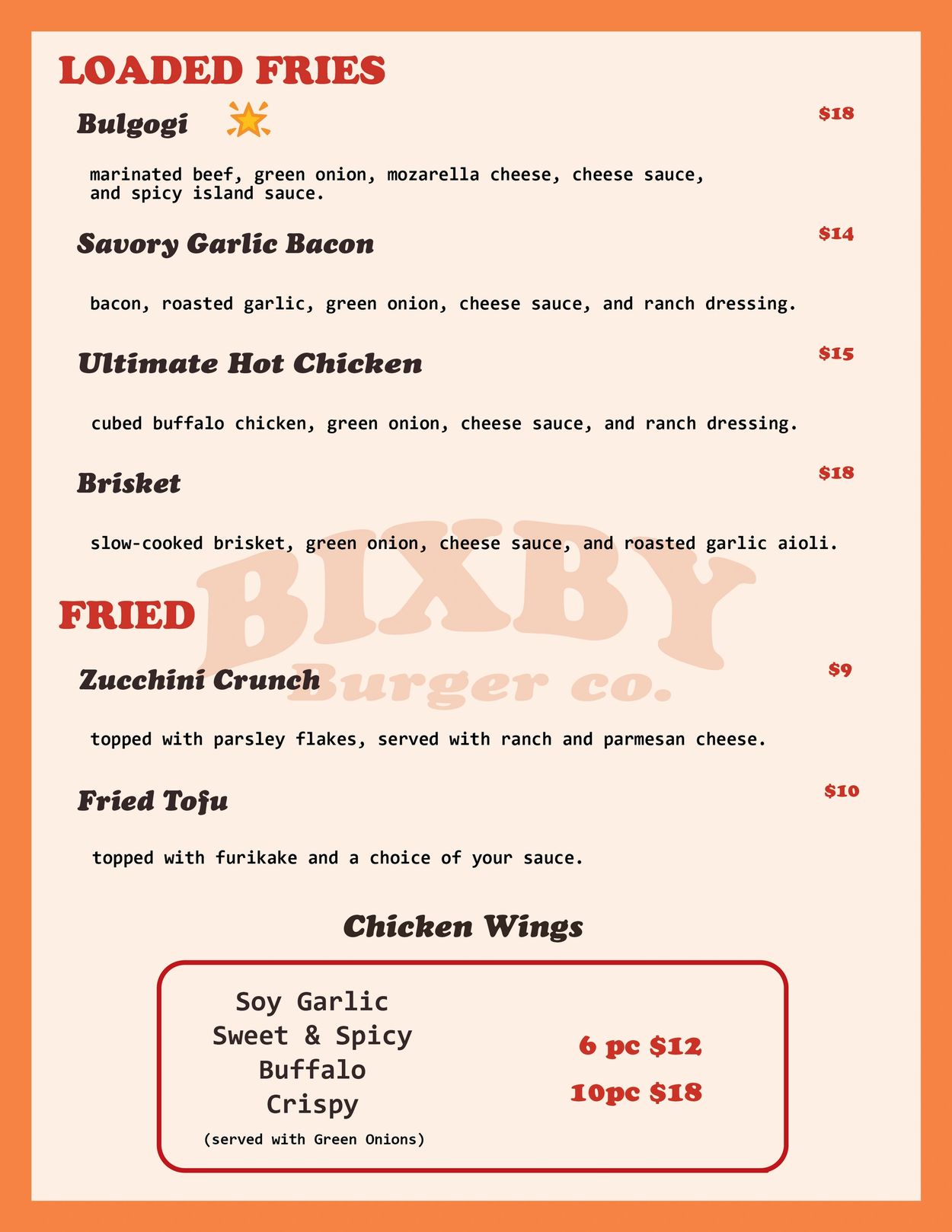 Menu featuring loaded fries, fried items, and chicken wings with prices and descriptions.
