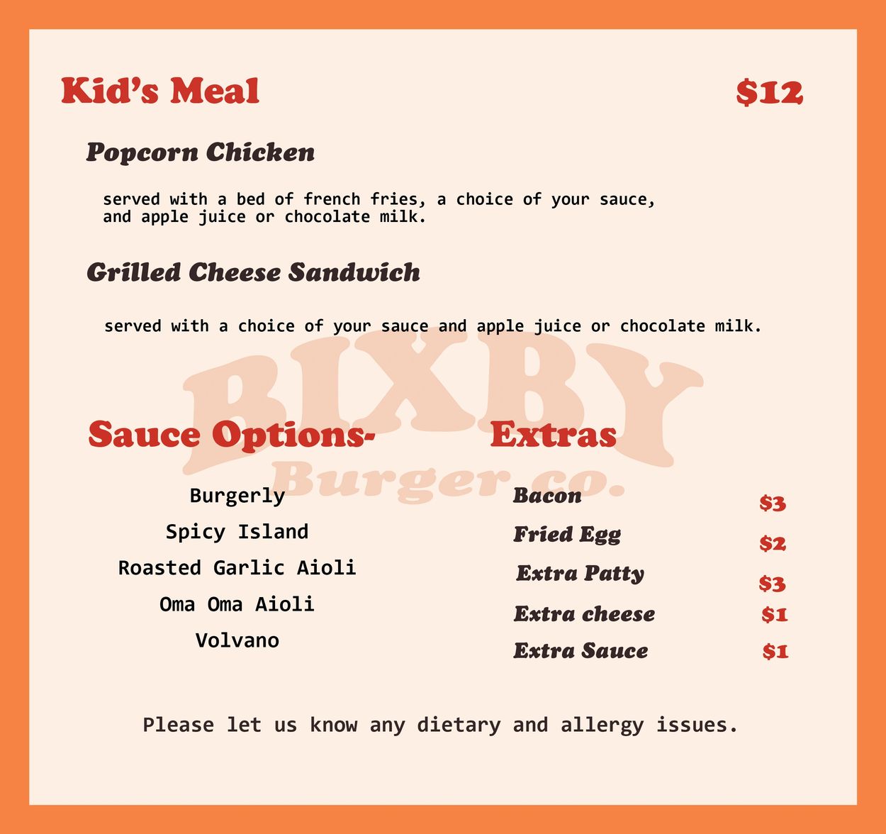 Kid's meal menu with popcorn chicken, grilled cheese, sauces, and extras.