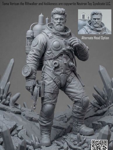 Detailed sculpture of a sci-fi armored figure with a gun.