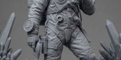 Detailed sculpture of a sci-fi armored figure with a gun.