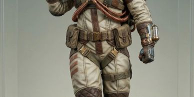 Close-up of a futuristic armored suit.