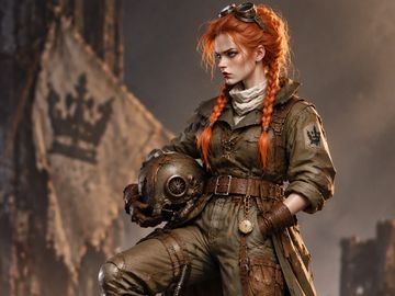 Red-haired woman in post-apocalyptic attire holding helmet.