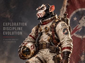 Monkey astronaut with space helmet and gear.