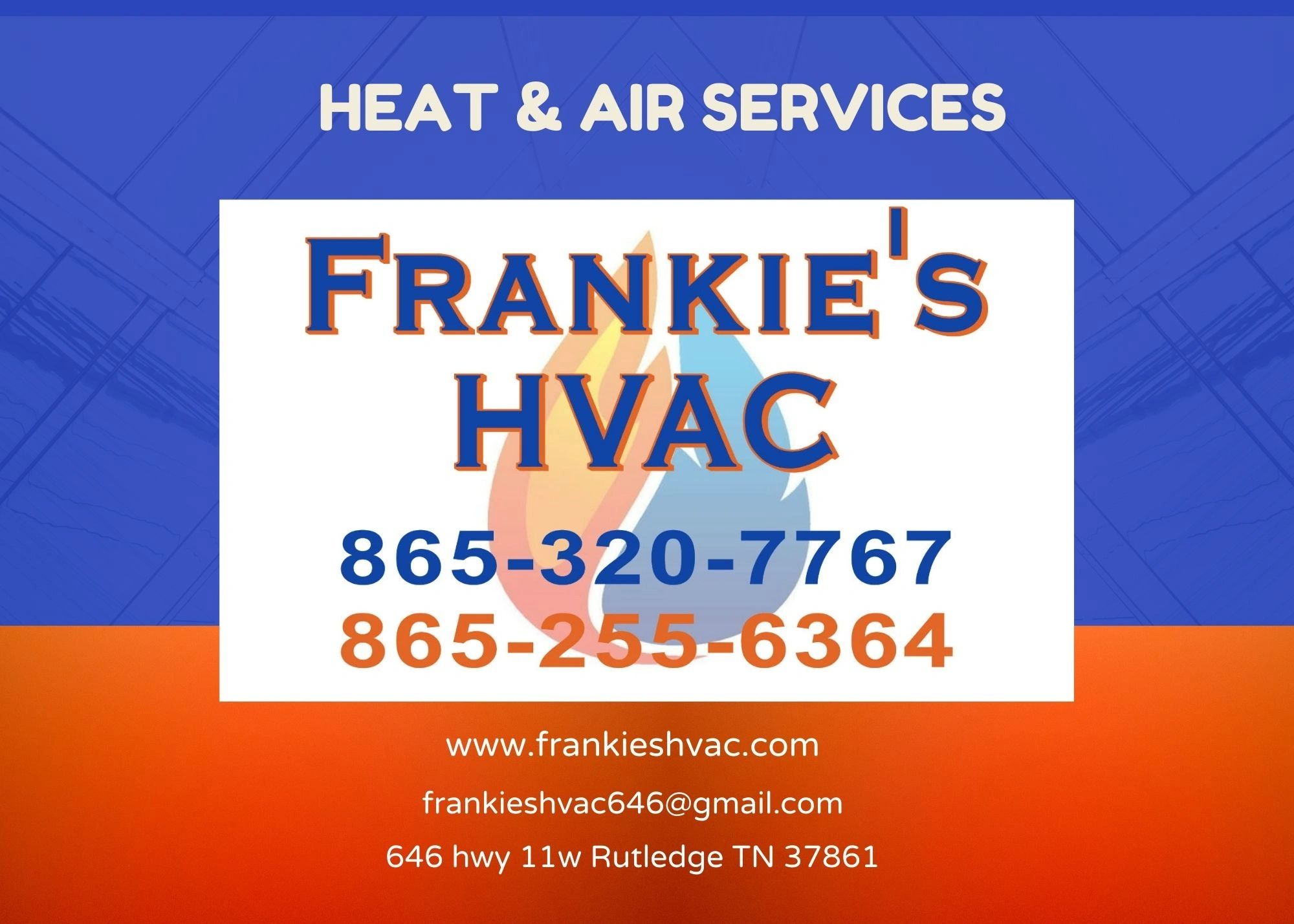 Frankie's HVAC heat and air services with contact information and address.