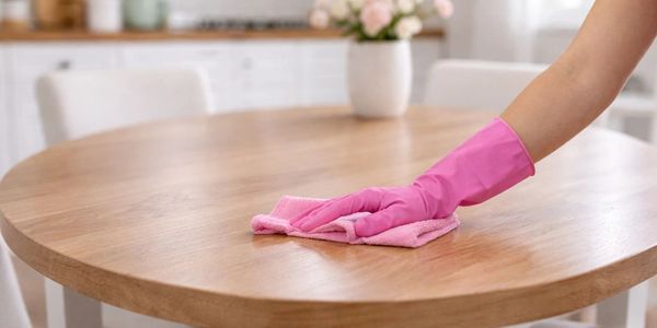 Hand with pink glove wiping a wooden table with a cloth.
