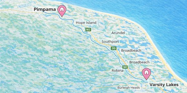 Map showing route between Pimpama and Varsity Lakes.