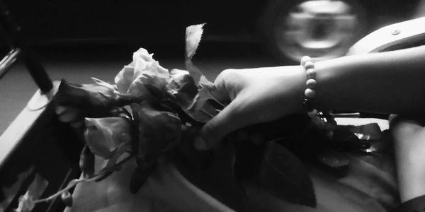 Black and white photo of a hand holding flowers inside a vehicle.
