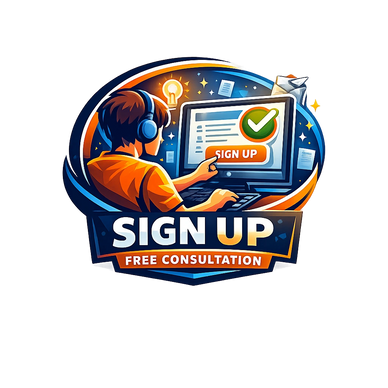Illustration of a person signing up for a free consultation online.