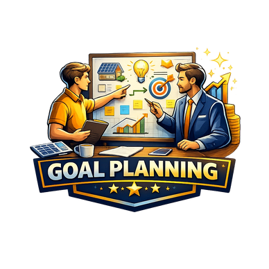 Two men discussing strategy in front of a goal planning board.