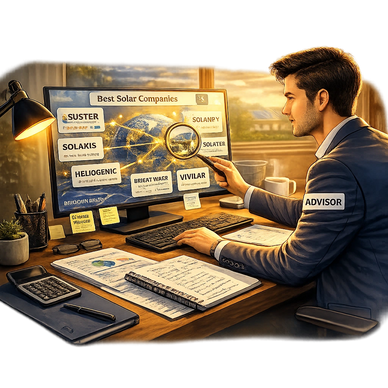Advisor analyzing top solar companies on a computer screen in a cozy office.