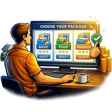 Man choosing a premium package on a computer screen with coins nearby.