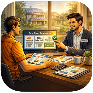 Two men discussing solar panel options indoors with charts and a laptop.