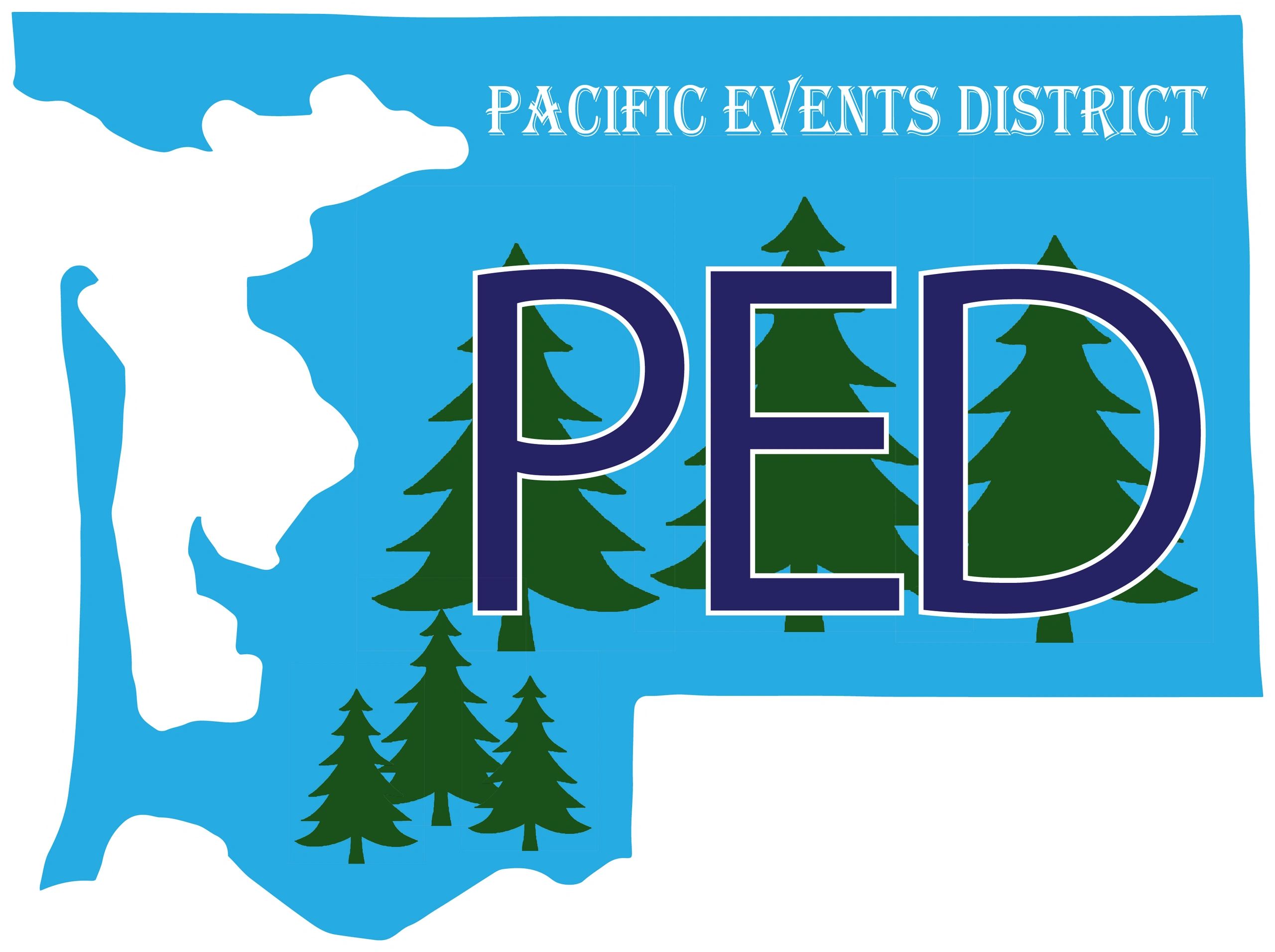 Logo of Pacific Events District (PED) with evergreen trees on a blue background.