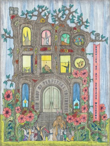 Whimsical tree-house with animals and flowers in vibrant colors.