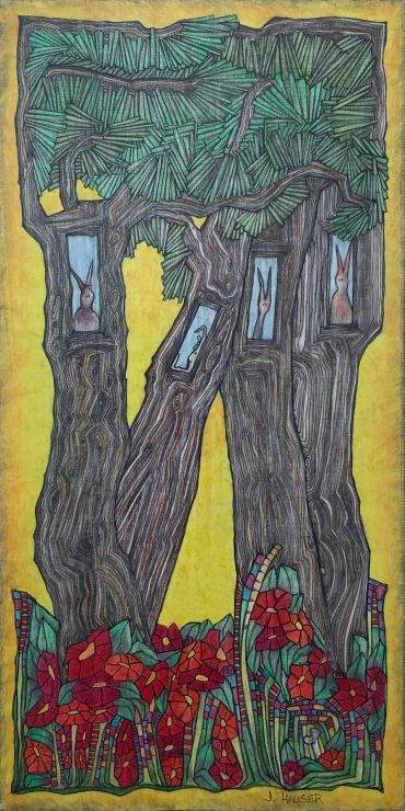 Abstract tree with rabbit silhouettes and vibrant red flowers.