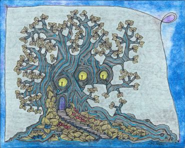 Illustration of a mystical tree house with glowing windows and a winding path.