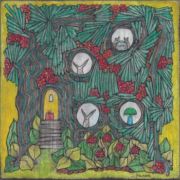 Whimsical tree with animal and mushroom windows amidst red flowers.