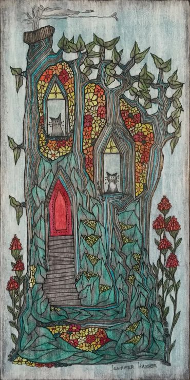 Whimsical treehouse with cats in stained glass windows and vibrant foliage.