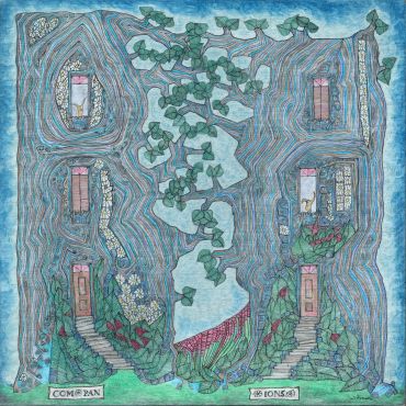Whimsical illustration of tree houses with doors, windows, and climbing vines.