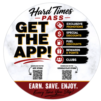 Promotional round sticker encouraging app download for discounts and rewards.
