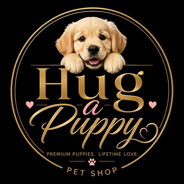 Cute golden puppy with 'Hug a Puppy' pet shop logo in gold and pink.