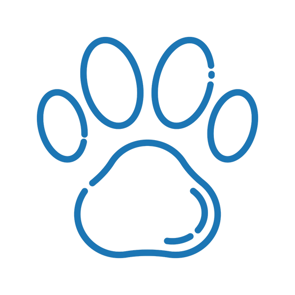 Blue outlined paw print on black background.