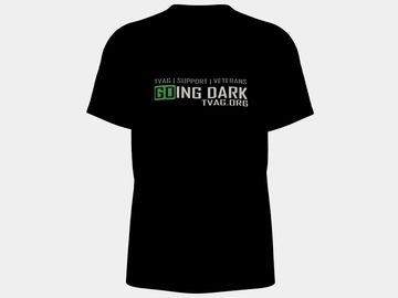 Black t-shirt with green and white text supporting veterans and the Going Dark campaign.