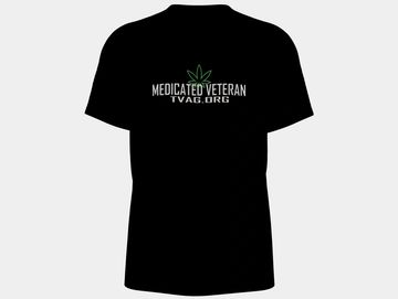 Black t-shirt with 'Medicated Veteran TVAG.ORG' and a cannabis leaf design.