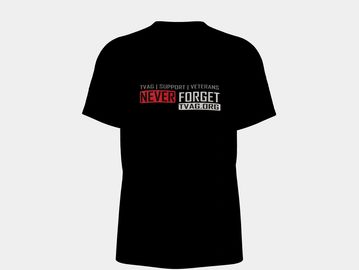 Black T-shirt with 'NEVER FORGET' veterans support message in red and white.