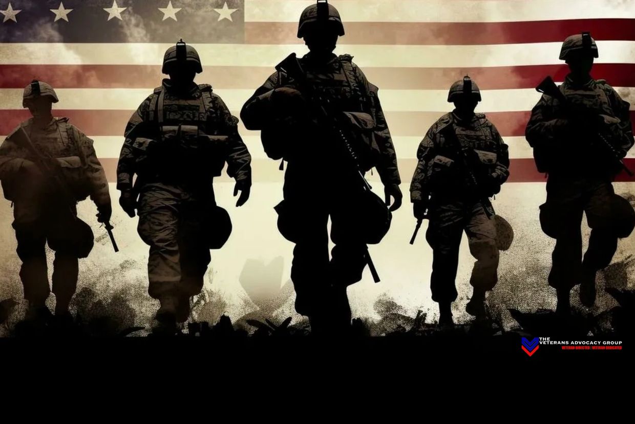 Silhouetted soldiers march with the American flag backdrop.