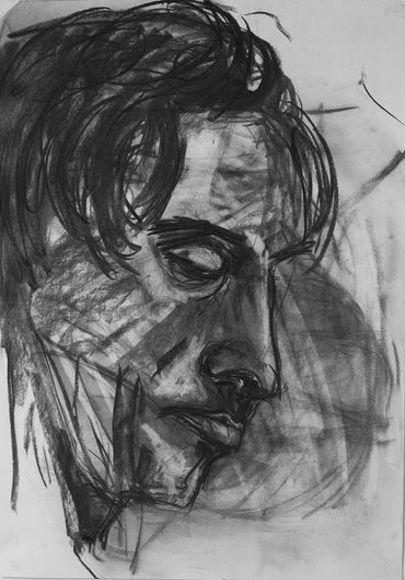 A male portrait looks down to the right. Drawn on top of overworked paper