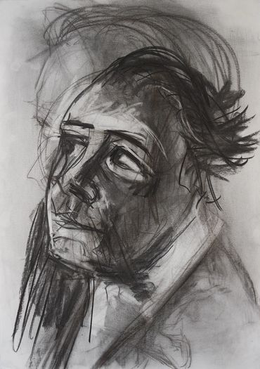 Female portrait, looking up the left. Drawn on top of overworked paper.