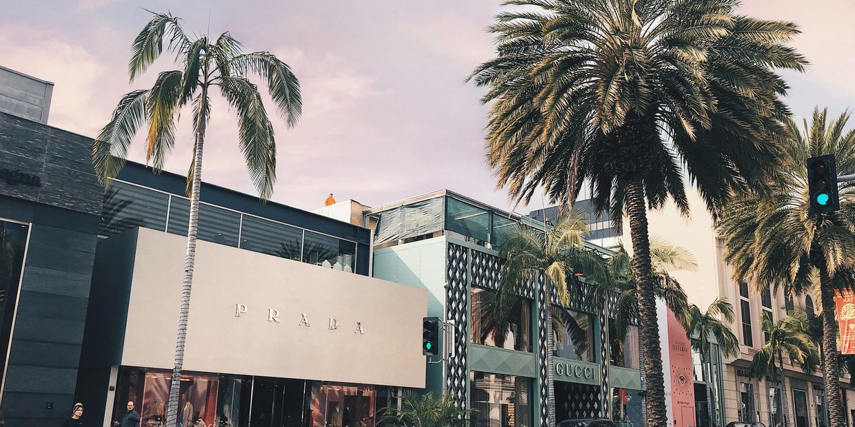 Palm trees and stores on Rodeo drive on a beautiful day in Beverly Hills. 