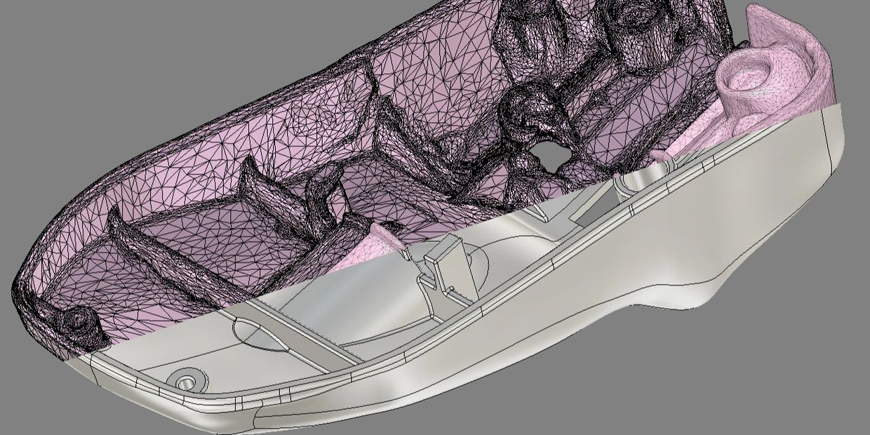 3D model üzerinde yarı saydam ve tel kafes görünümü.
