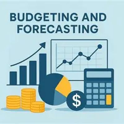 Illustration of budgeting and forecasting with charts, calculator, and coins.