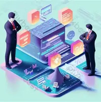 Two businessmen analyze digital data on large floating screens.