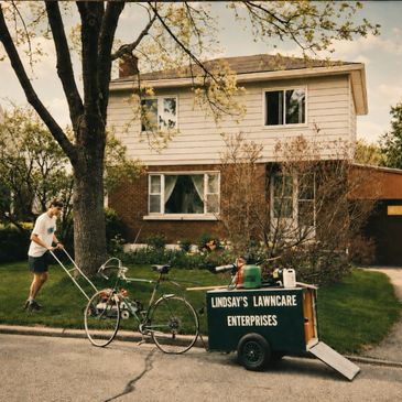 Man mowing lawn with bicycle-powered lawnmower and trailer.