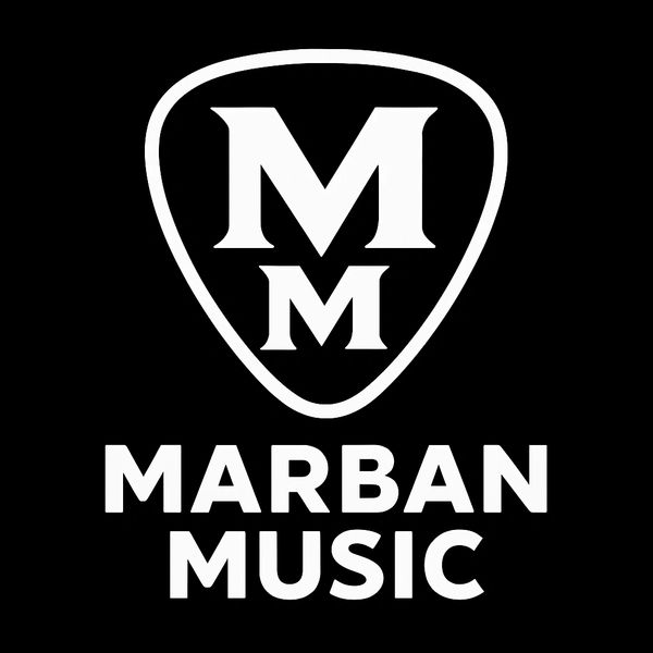 White Marban Music logo with stylized M letters on black background.
