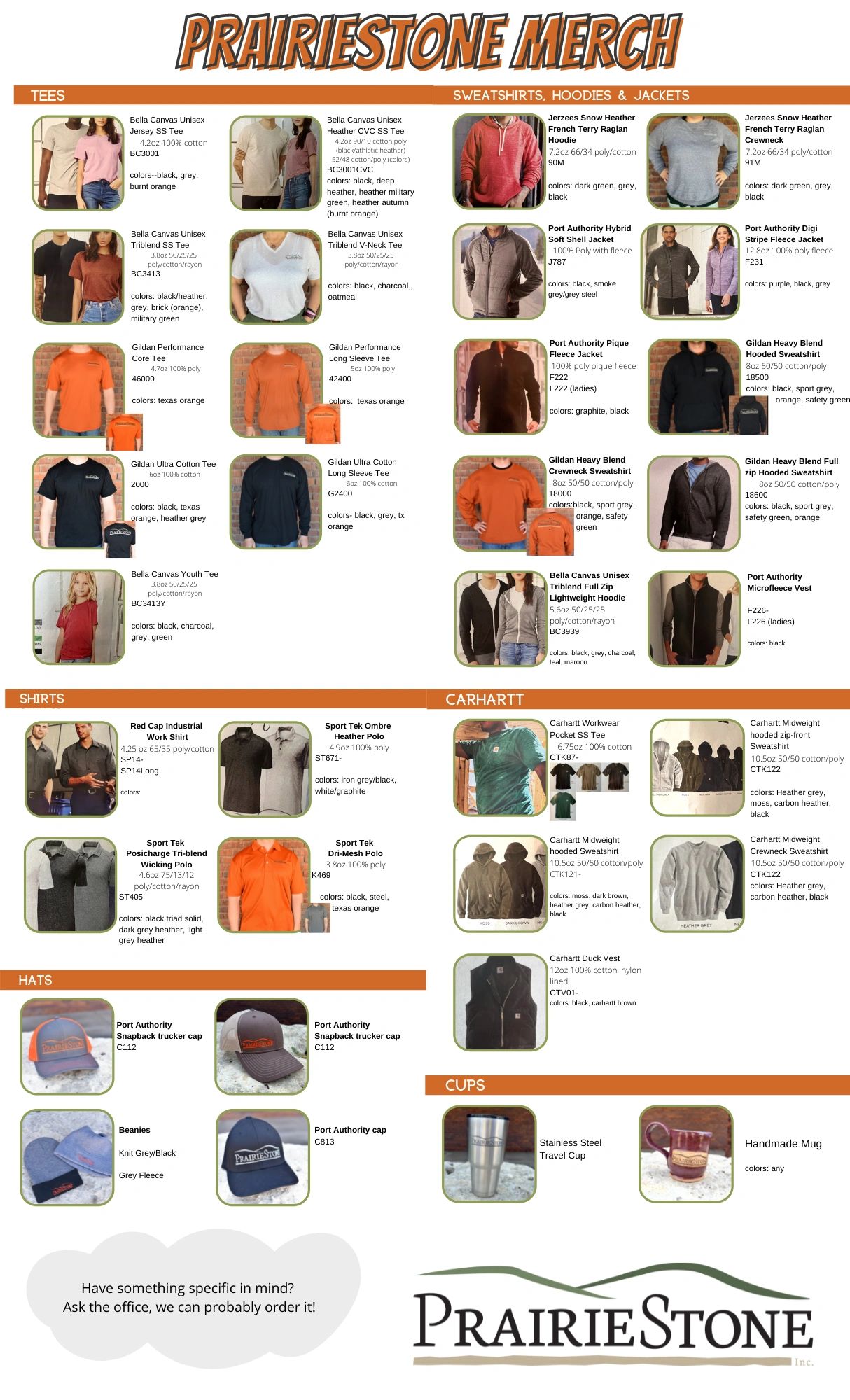 PrairieStone merchandise including tees, sweatshirts, jackets, shirts, Carhartt gear, hats, and cups.