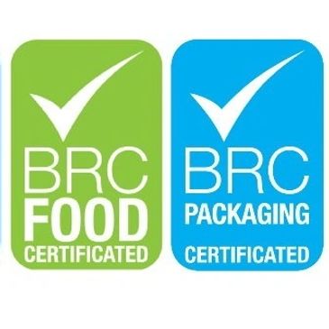 BRC food and packaging certification logos in green and blue.