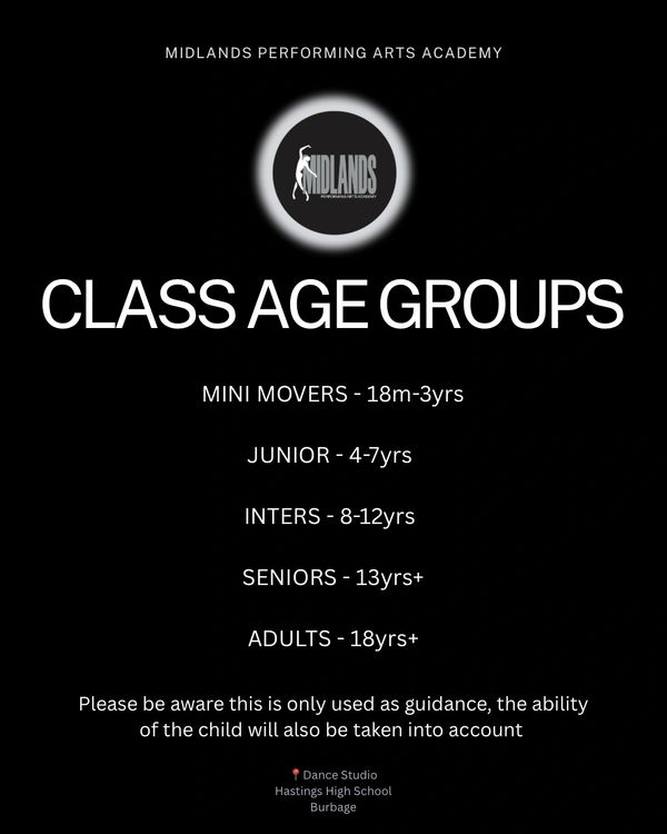Class age groups for Midlands Performing Arts Academy with age ranges from 18 months to adults.