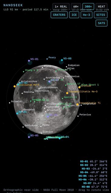 Detailed NASA map of the moon's near side with craters and sites highlighted.