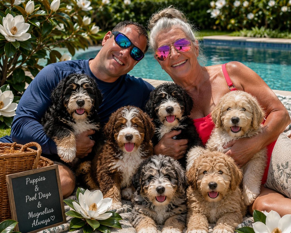 A joyful couple with six adorable puppies by the pool surrounded by magnolia flowers.