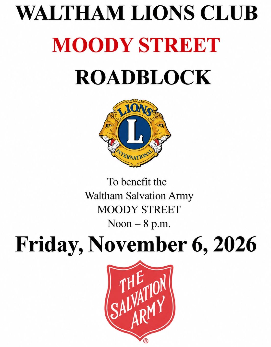 Waltham Lions Club hosts Moody Street roadblock for Salvation Army.