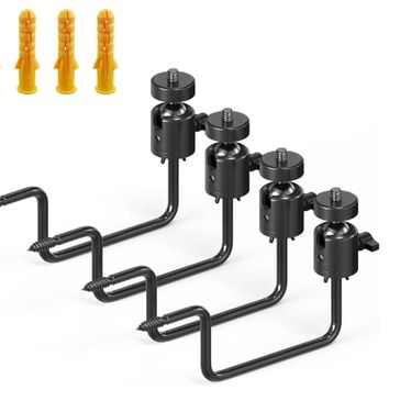 Set of four black metal trail camera mounts with ball heads.
