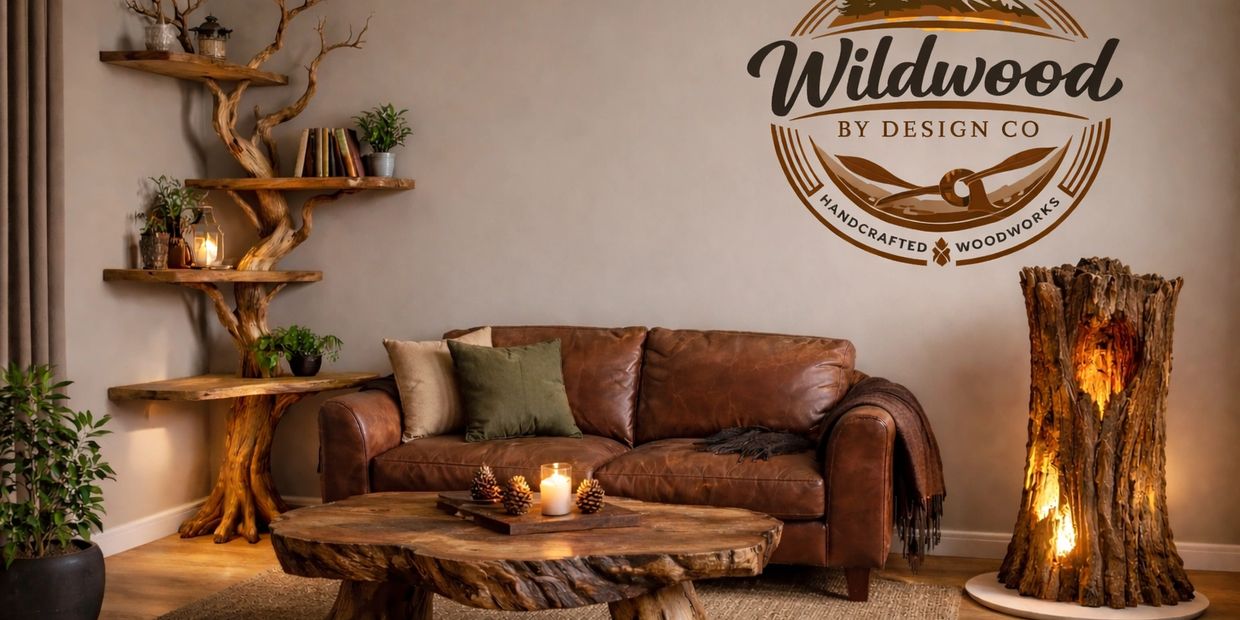 Cozy living room with rustic wooden furniture and warm lighting.