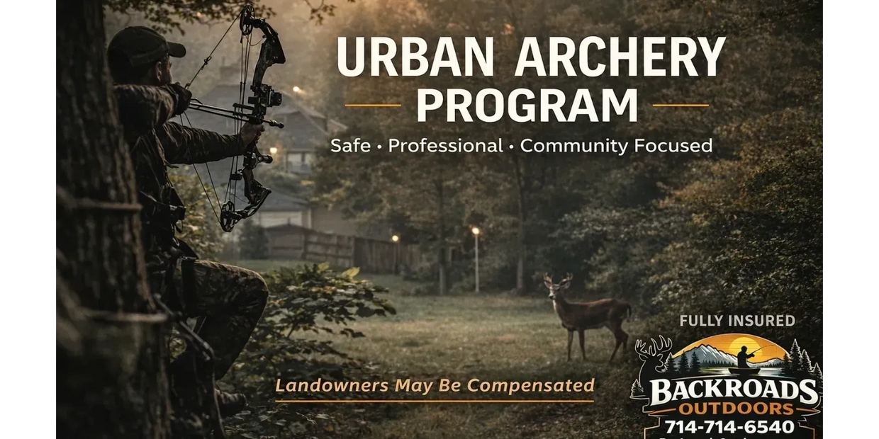 Archer aiming at a deer in an urban archery program advertisement.