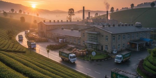 Ganraj Tea Factory at sunrise with tea trucks on road.