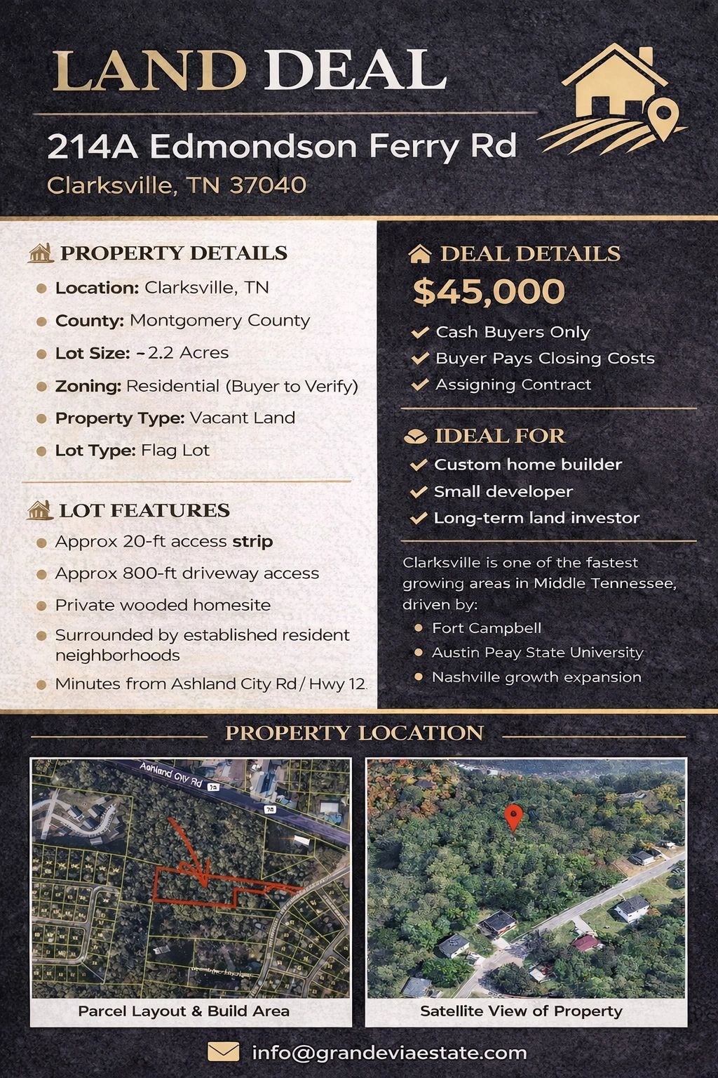 214A Edmondson Ferry Rd Clarksville, TN 
Assignment Price: $45k
Lot size ~ 2.2 Acres