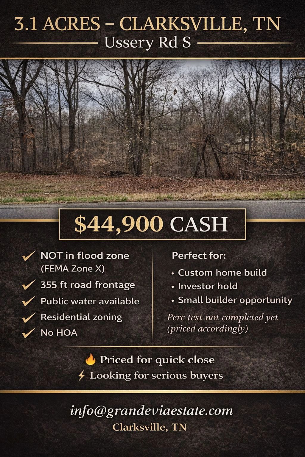 3.1-acre land for sale in Clarksville, TN for $44,900 cash, no flood zone, residential zoning.